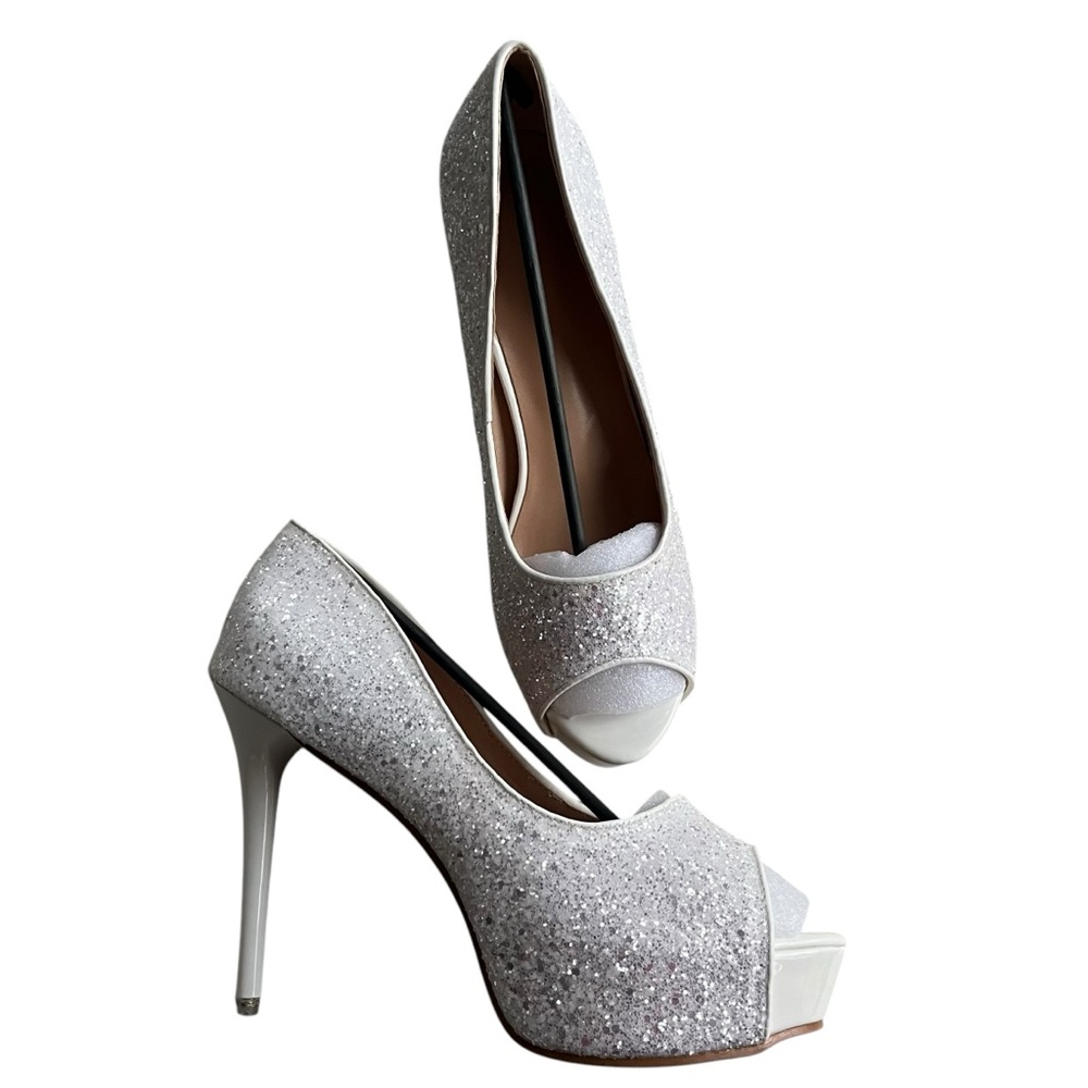 Unbranded Women’s Size 41 White Silver Sparkle Peep Toe High Heel Platform Pumps